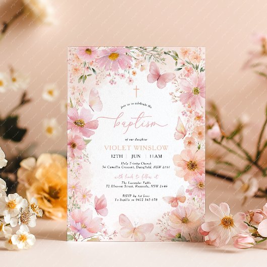 Invitation Papillon Baptême Floral Rose Pêche fille