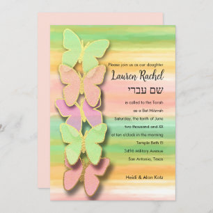 Invitation Papillon bat mitzvah rose vert Peach Aquarelle