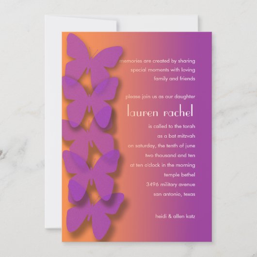 Invitation Papillon bat mitzvah violet orange ombre (Devant)