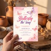 Invitation Papillon bébé en route rose violet aquarelle