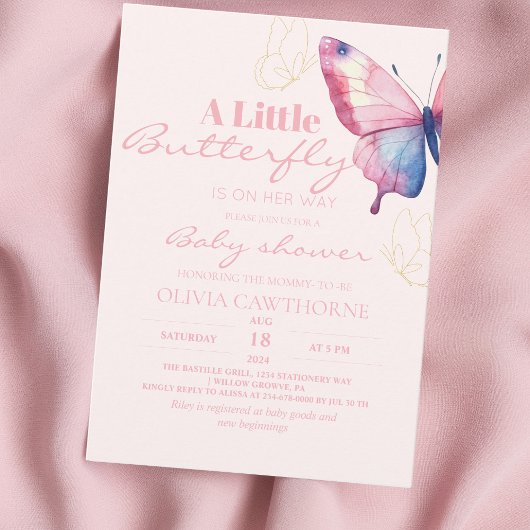 Invitation Papillon Bébé Fille Douche Aquarelle