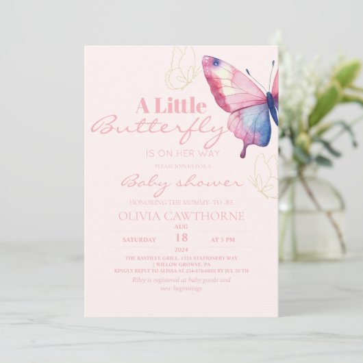 Invitation Papillon Bébé Fille Douche Aquarelle (Debout devant)