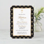 Invitation Papillon Black Gold Cross Élégant Script Baptême (Debout devant)