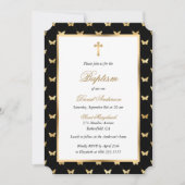 Invitation Papillon Black Gold Cross Élégant Script Baptême (Devant)