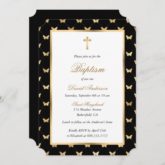Invitation Papillon Black Gold Cross Élégant Script Baptême (Devant / Derrière)