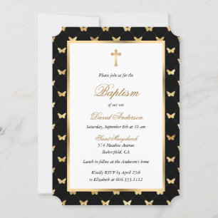 Invitation Papillon Black Gold Cross Élégant Script Baptême