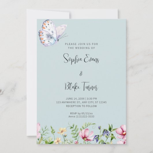 Invitation Papillon blanc et Mariage vert doux Fleur sauvage (Devant)