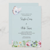Invitation Papillon blanc et Mariage vert doux Fleur sauvage (Devant / Derrière)