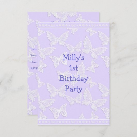 Invitation Papillon blanc Joli bleu gris 1er anniversaire Par (Devant / Derrière)