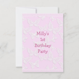Invitation Papillon Blanc Jolie Fête d'anniversaire Rose 1ère