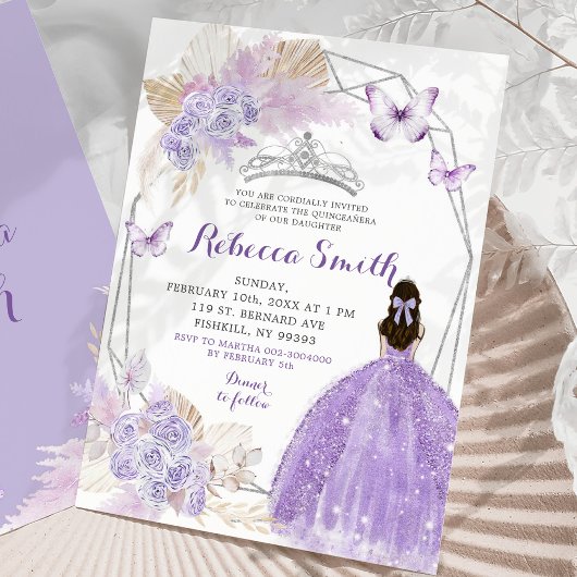 Invitation Papillon blanc mauve de Lilac en argent Quinceañer
