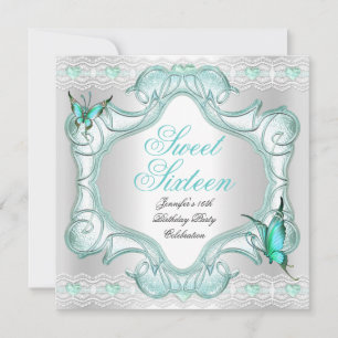 Invitation Papillon blanc turquoise Sweet sixteen 16 Partie