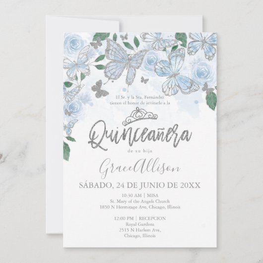 Invitation Papillon bleu argent Dusty Quinceanera (Devant)