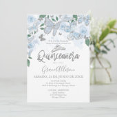 Invitation Papillon bleu argent Dusty Quinceanera (Debout devant)