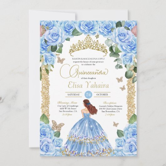 Invitation Papillon bleu clair Floral Or Quinceañera (Devant)