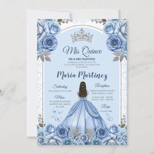 Invitation Papillon bleu Dusty Princesse Silver Quinceañera (Devant)
