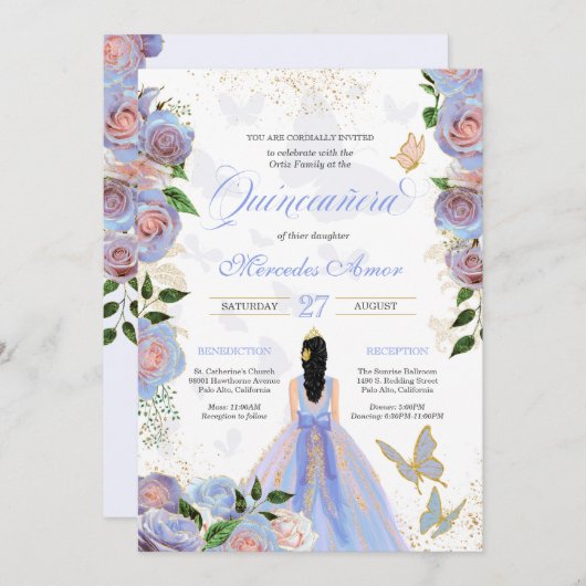 Invitation Papillon bleu et rose pâle Quinceanera Invi (Devant / Derrière)