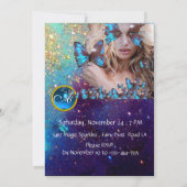 INVITATION PAPILLON BLEU FÊTE DOUCE 16 ANS, MONOGRAMME, OR (Dos)