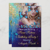 INVITATION PAPILLON BLEU FÊTE DOUCE 16 ANS, MONOGRAMME, OR (Devant / Derrière)