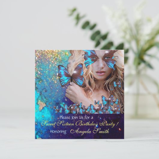 INVITATION PAPILLON BLEU FÊTE DOUCE 16 ANS  MONOGRAMME, OR (Debout devant)