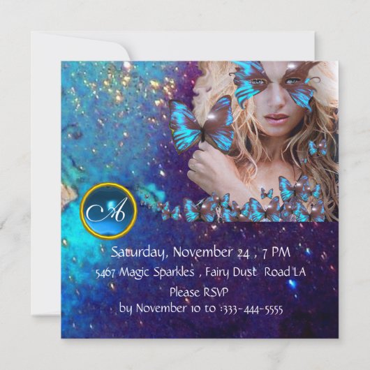 INVITATION PAPILLON BLEU FÊTE DOUCE 16 ANS  MONOGRAMME, OR (Dos)