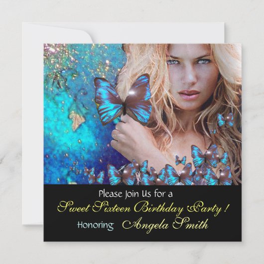 INVITATION PAPILLON BLEU FÊTE DOUCE 16 ANS  MONOGRAMME, OR (Devant)