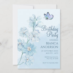 Invitation Papillon bleu Fleur Aquarelle Anniversaire