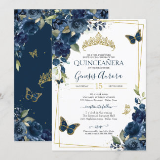 Invitation Papillon bleu floral or Quinceañera Navy