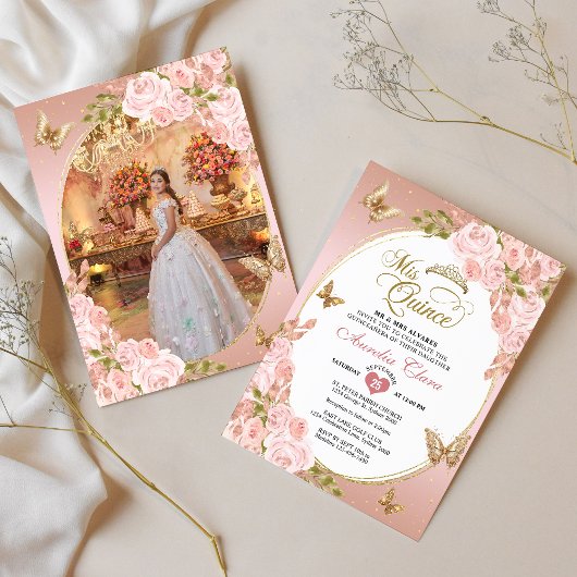 Invitation Papillon bleu rose floral Photo Quinceañera