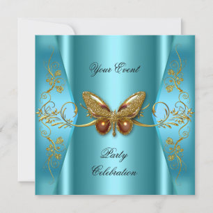 Invitation Papillon bleu sarcelle or élégant pour toute fête