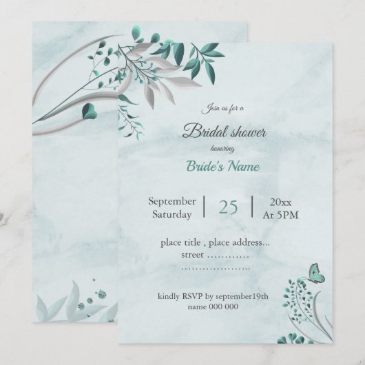Invitation Papillon bleu turquoise feuille douche à nage fleu (Devant / Derrière)
