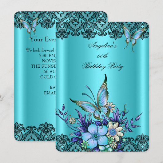Invitation Papillon bleu turquoise Floral Black Lace Annivers (Devant / Derrière)