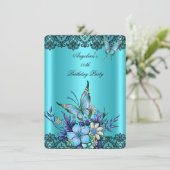 Invitation Papillon bleu turquoise Floral Black Lace Annivers (Debout devant)