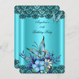 Invitation Papillon bleu turquoise Floral Black Lace Annivers