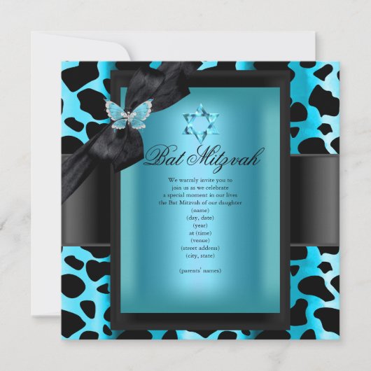 Invitation Papillon bleu Turquoise léopard bat mitzvah (Devant)