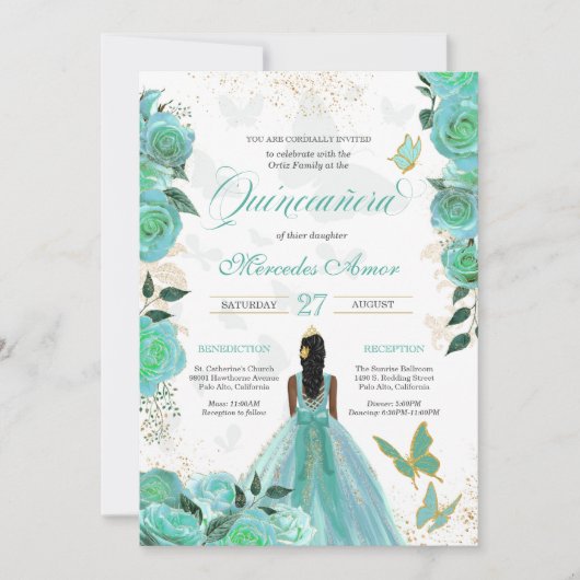 Invitation Papillon bleu turquoise Rose Quinceanera (Devant)