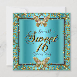 Invitation Papillon bleu turquoise Sweet sixteen 16 Or