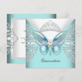 Invitation Papillon bleu turquoise Tiara Quinceanera 15ème Pa (Devant / Derrière)