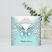 Invitation Papillon bleu turquoise Tiara Quinceanera 15ème Pa (Debout devant)