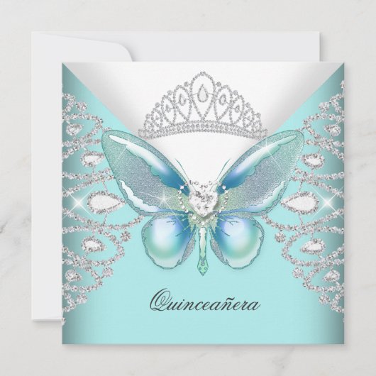 Invitation Papillon bleu turquoise Tiara Quinceanera 15ème Pa (Devant)