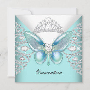 Invitation Papillon bleu turquoise Tiara Quinceanera 15ème Pa