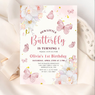 Invitation Papillon Boho Floral Rose Girl Anniversaire