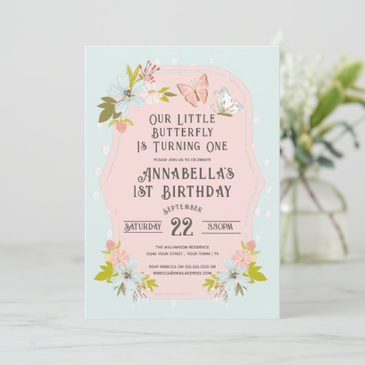 Invitation Papillon Boho rose 1er anniversaire (Debout devant)