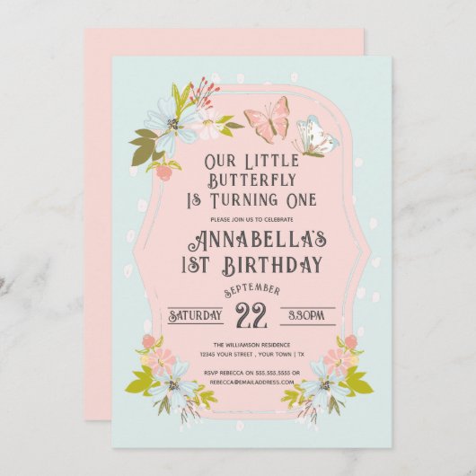 Invitation Papillon Boho rose 1er anniversaire (Devant / Derrière)