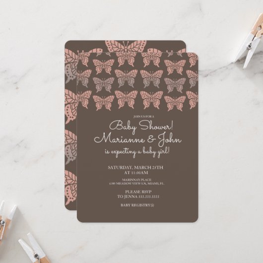 Invitation Papillon Boho rose et Baby shower Brown (Devant/Arrière en situation)