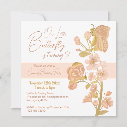 Invitation Papillon Boho Rose jolie fête d'anniversaire enfan (Devant)