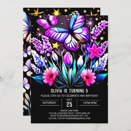 Invitation Papillon charmant violet modifiable Anniversaire (Devant / Derrière)