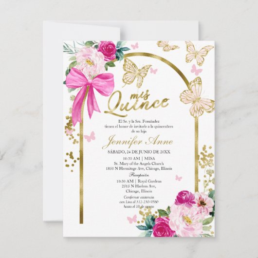 Invitation Papillon Chaud Bow Floral espagnol Quinceanera (Devant)