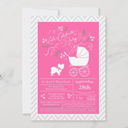 Invitation Papillon Chien Baby shower fille rose (Devant)