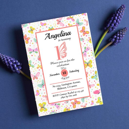 Invitation Papillon coloré thème pastel mignon pastel 1er ann